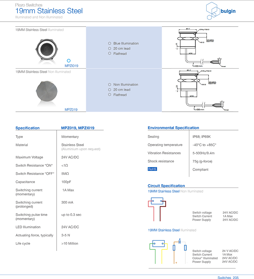 MPZI019不銹鋼Piezo開關規格尺寸