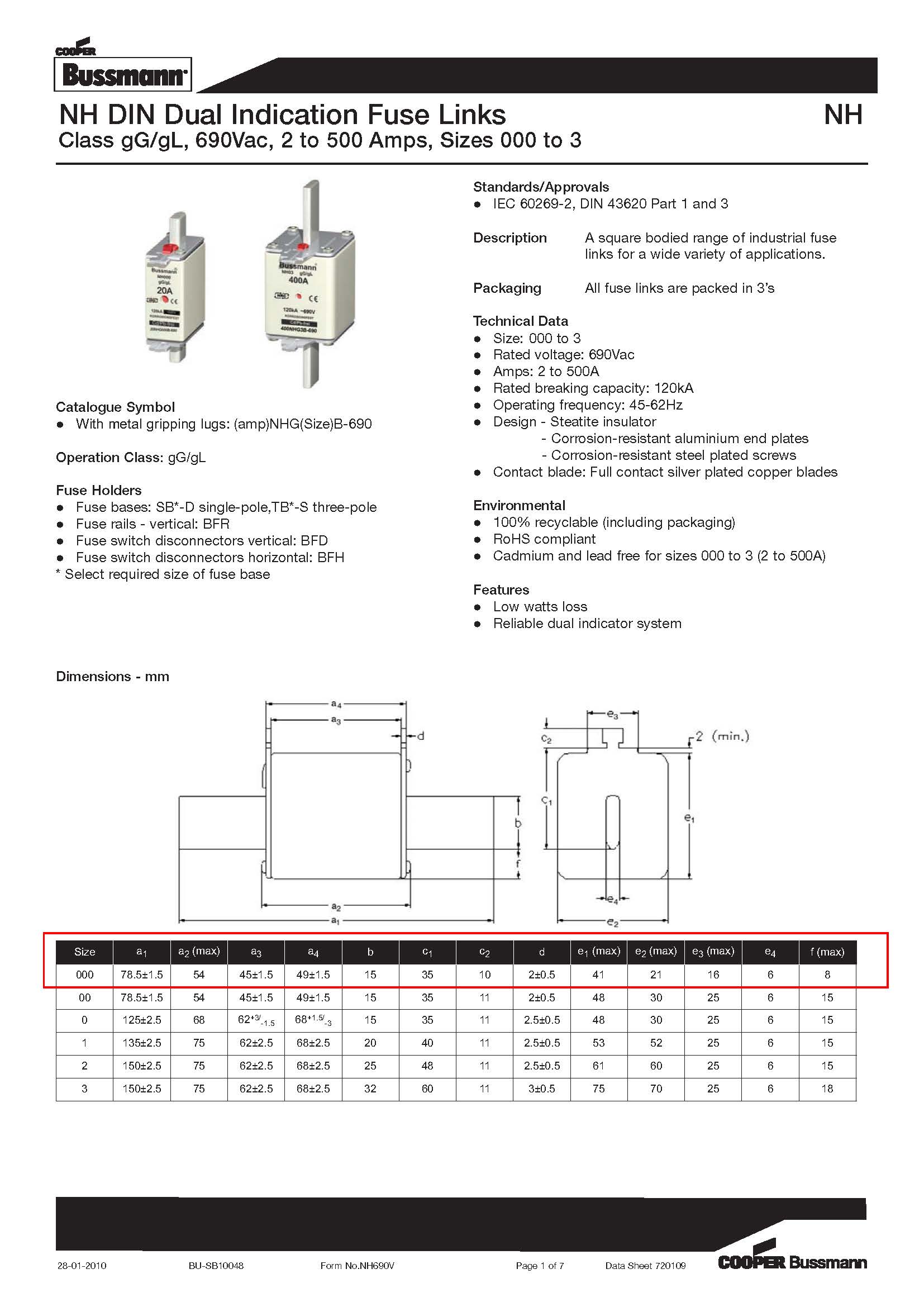 NH型 690V刀型熔斷器 選型參數(shù)